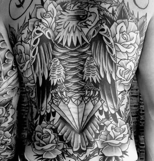 Shaded Black And Grey Ink Male Eagle Back Tattoos