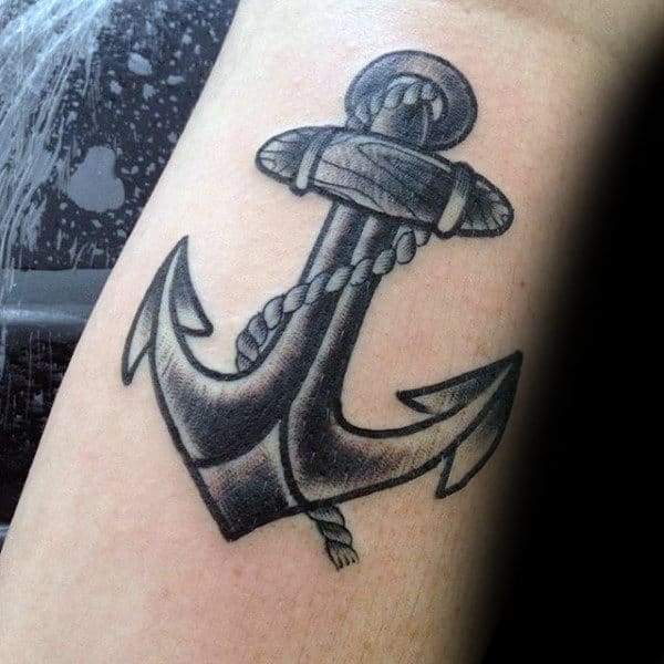 Shaded Black And Grey Ink Male Traditional Anchor Arm Tattoos
