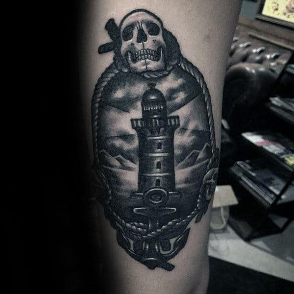 Shaded Black And Grey Ink Male Traditional Lighthouse Tattoos