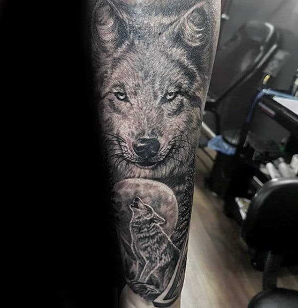 Shaded Black And Grey Ink Male Wolf Forearm Sleeve Tattoo