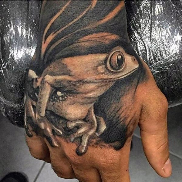 Shaded Black And Grey Ink Mens Frog Hand Tattoos
