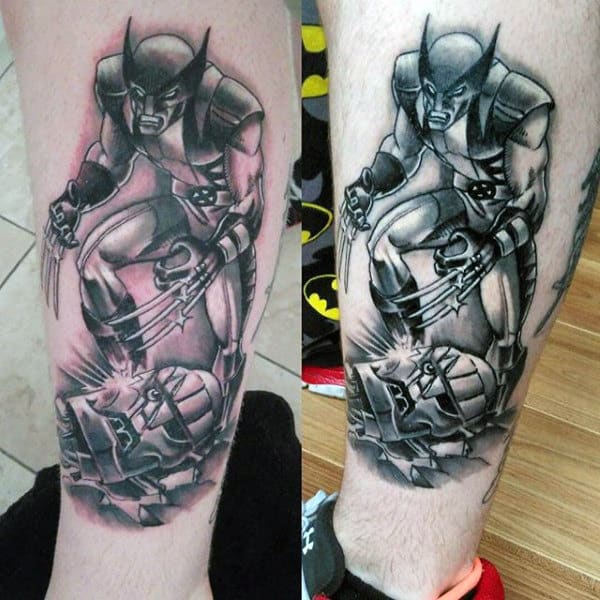 Shaded Black And Grey Ink Mens Wolverine Tattoos On Lower Leg