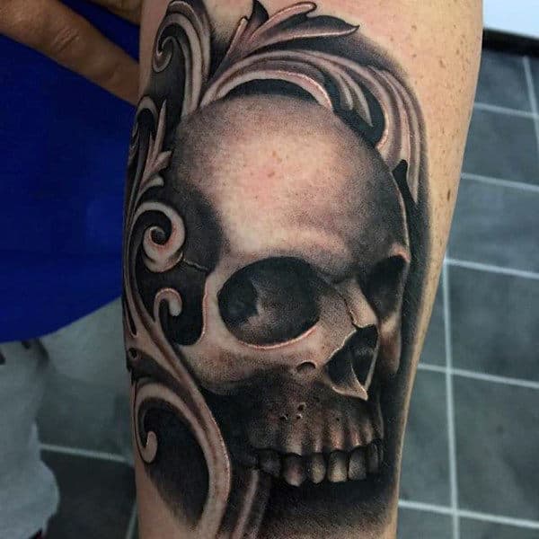 Shaded Black And Grey Ink Realistic 3d Skull Filigree Arm Tattoo For Men