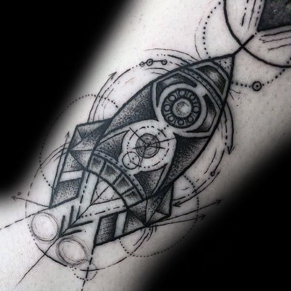 Shaded Black And Grey Ink Rocket Ship Mens Geometric Forearm Tattoo