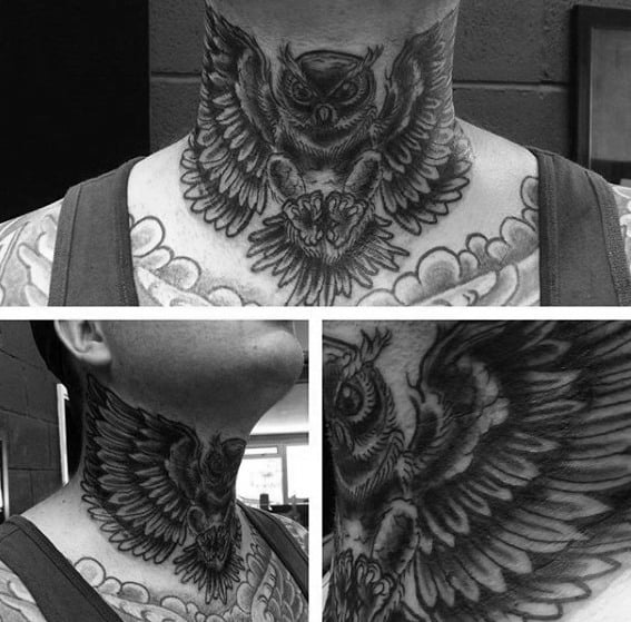 Shaded Black And Grey Ink Traditional Owl Neck Tattoos For Gentlemen