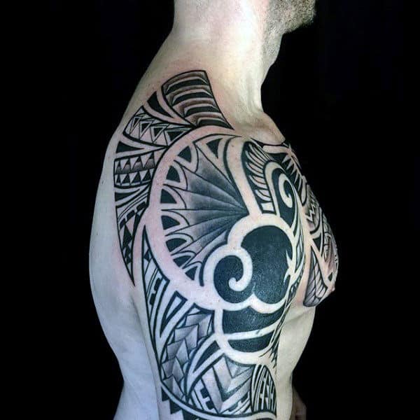 Shaded Black And Grey Ink Tribal Shoulder On Male