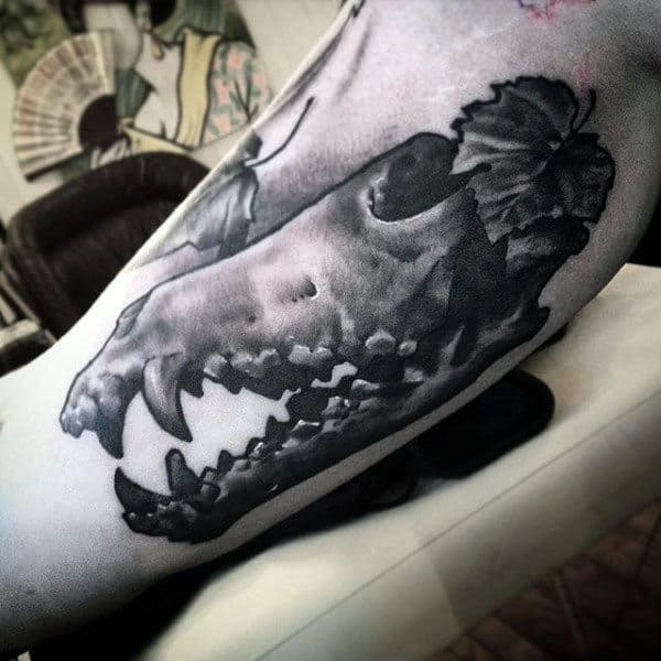Shaded Black And Grey Ink Wolf Skull Male Tattoo On Inner Arm