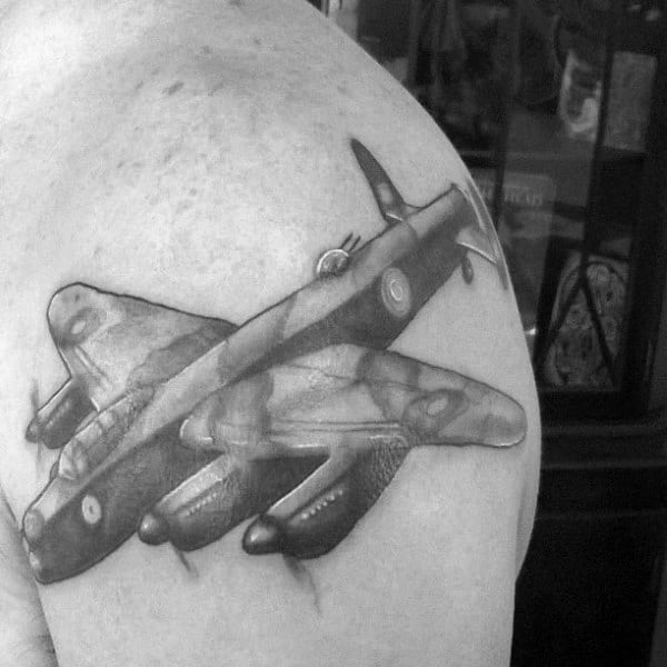 Shaded Black And Grey Ink Ww2 Guys Plane Tattoo On Shoulder