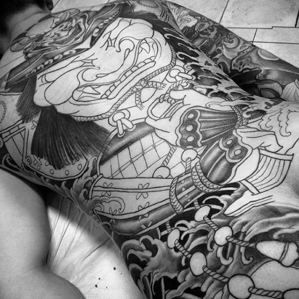 Shaded Black And Grey Japanese Warrior Full Back Tattoos For Males