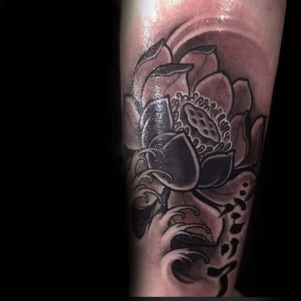 Shaded Black And Grey Lotus Flower Male Arm Tattoo