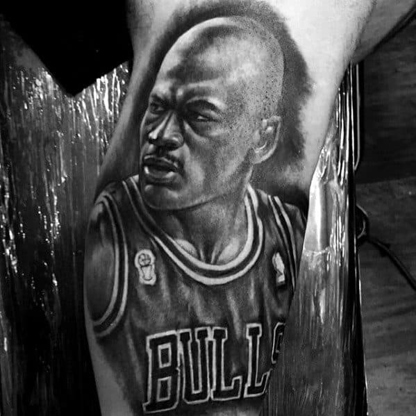 Shaded Black And Grey Male Mj Michael Jordan Tattoo Ideas On Arm