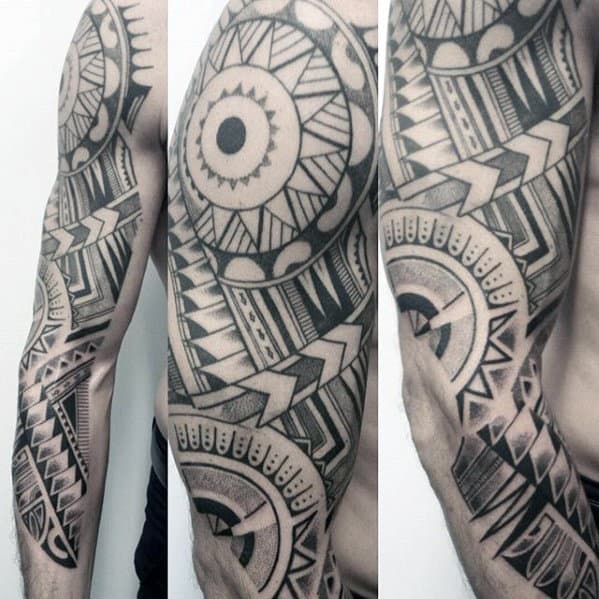 Shaded Black And Grey Male Polynesian Tribal Arm Tattoos