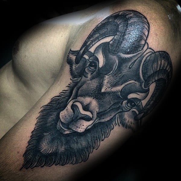 Shaded Black And Grey Male Ram Upper Arm Tattoos
