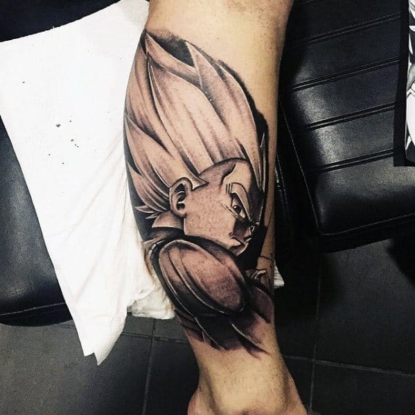 Shaded Black And Grey Masculine Guys Vegeta Tattoo On Lower Leg
