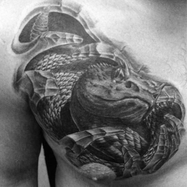 Shaded Black And Grey Mens 3d Snake Upper Chest Tattoo