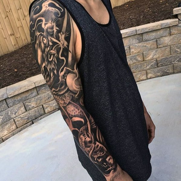 Shaded Black And Grey Mens Full Arm Sleeve Dragon Tattoo Designs