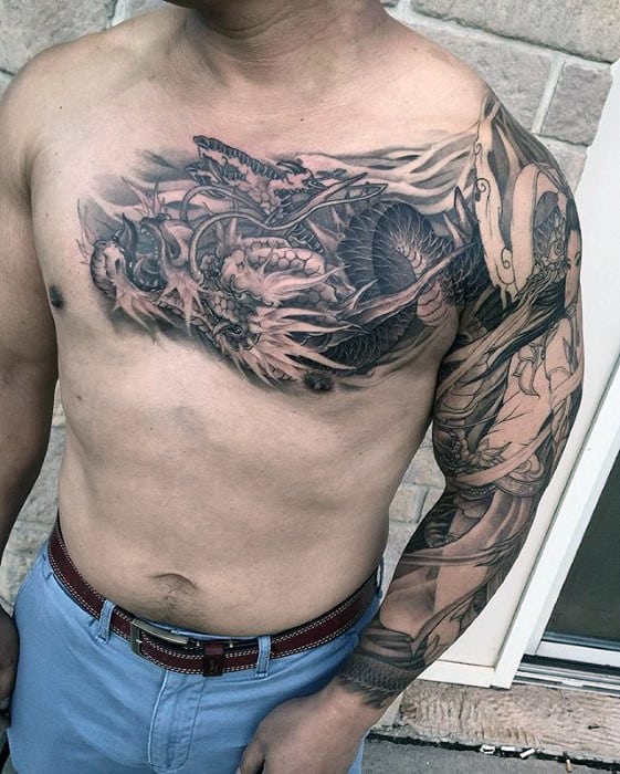 Shaded Black And Grey Mens Upper Chest Dragon Tattoo Designs
