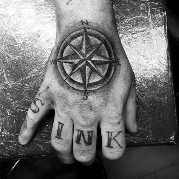 Shaded Black And Grey Nautical Star Mens Hand Tattoo Designs