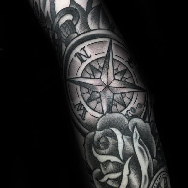 Shaded Black And Grey Nautical Star With Rose And Compass Male Traditional Sleeve Tattoos