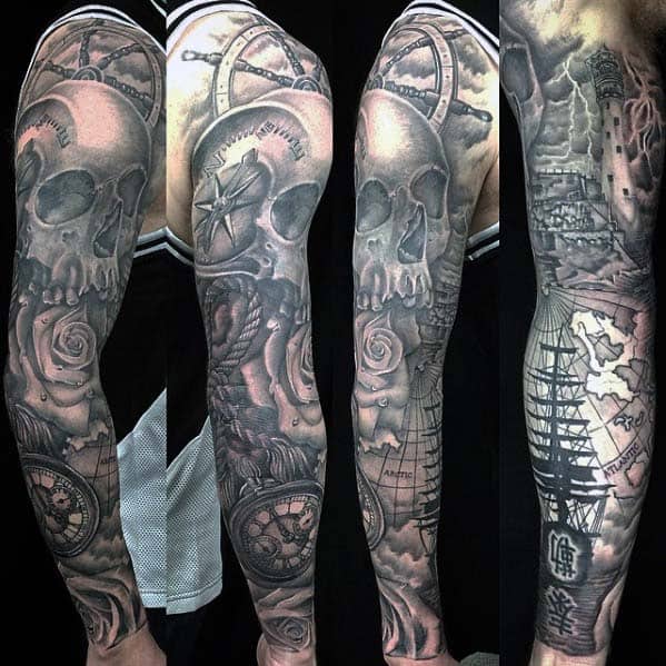 Shaded Black And Grey Nautical Themed Male Sleeve Tattoos