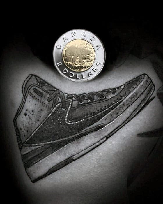 Shaded Black And Grey Nike Small Mens Sneaker Tattoos On Leg