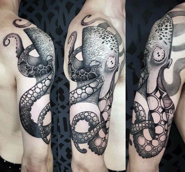 Shaded Black And Grey Octopus Guys Arm Tatoos