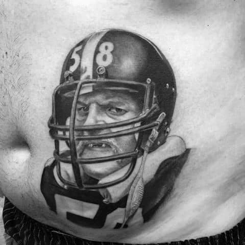 Shaded Black And Grey Pittsburgh Steelers Football Player Mens Stomach Tattoos