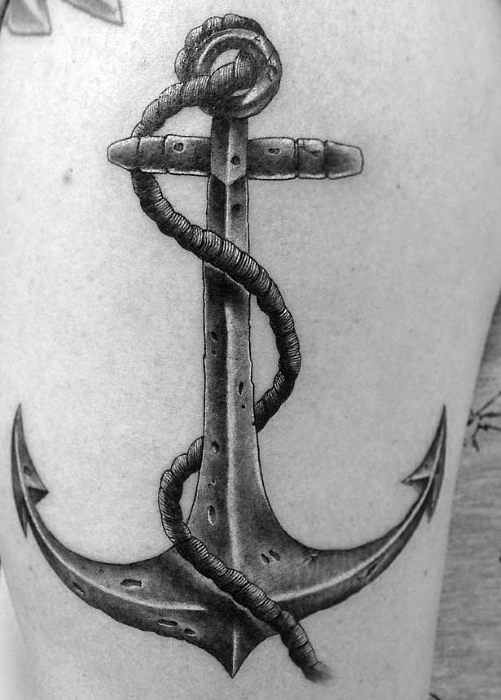 Shaded Black And Grey Realistic Anchor Guys Arm Tattoo