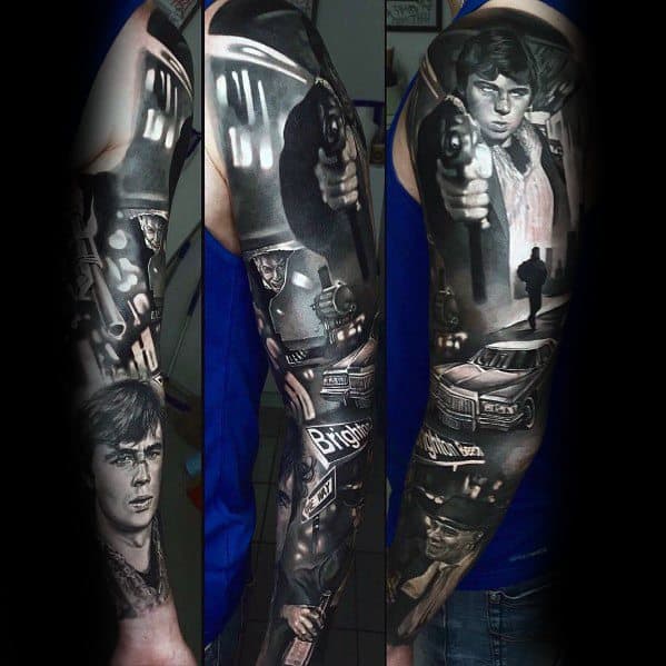Shaded Black And Grey Realistic Mens Big Sleeve Tattoo Ideas