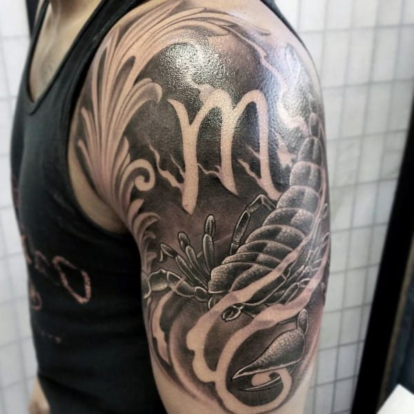 Shaded Black And Grey Scorpio Half Sleeve Mens Tattoos