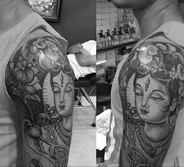 Shaded Black And Grey Sleeve Krishna Mens Tattoo Designs