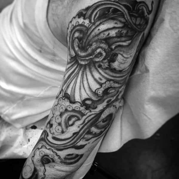 Shaded Black And Grey Tattoo Of Octopus Mens Sleeve Ideas