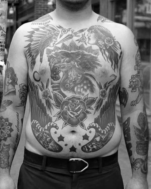 Shaded Black And Grey Traditional Rose Male Full Chest Tattoos