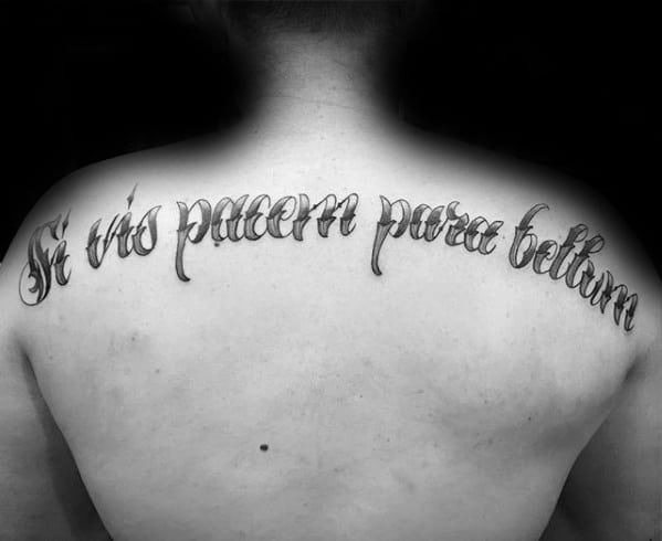 Shaded Black And Grey Upper Back Latin Tattoos For Gentlemen