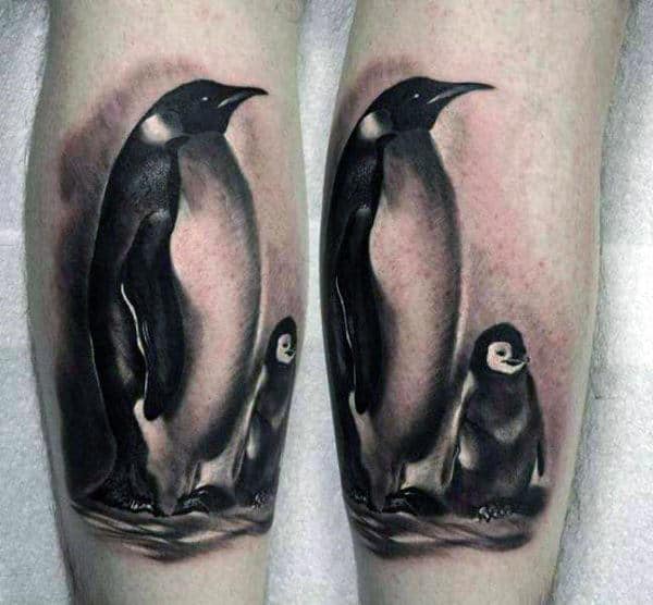 Shaded Black And White Ink Mens Leg Penguin Tattoo Designs