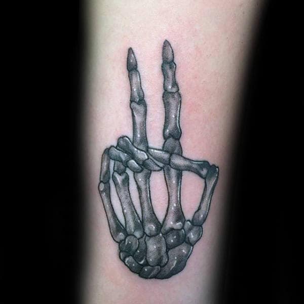 Shaded Black And White Ink Peace Sign Skeleton Hand Mens Forearm Tattoos