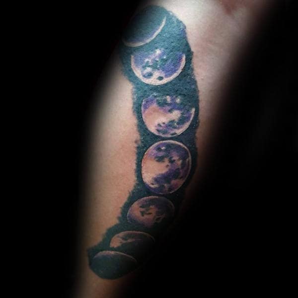 Shaded Black Ink Background Male Moon Phases Outer Forearm Tattoos