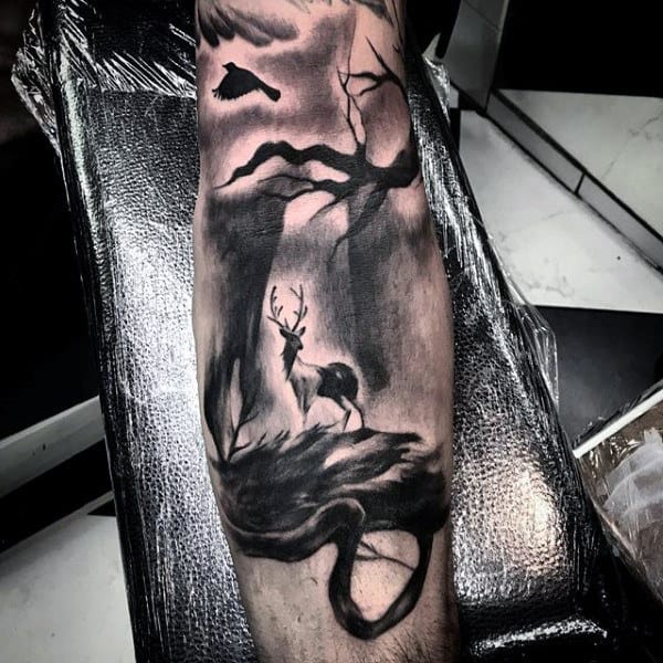 Shaded Black Ink Mens Inner Forearm Tattoo Of Deer In Woods