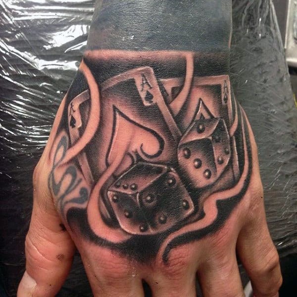 Shaded Black Ink Playing Card Mens Hand Tattoos With Dice