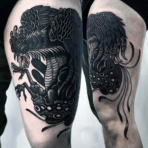 Shaded Black Ink Rooster Tattoo For Men Thigh