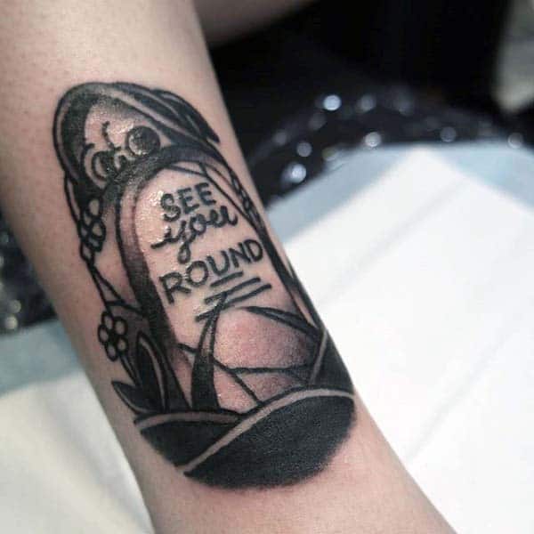 Shaded Black Ink Small Tombstone Male Tattoo With See Your Round