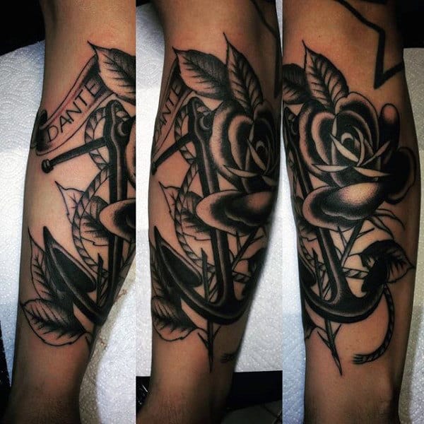 Shaded Black Ink Traditional Anchor With Rose Mens Forearm Tattoos