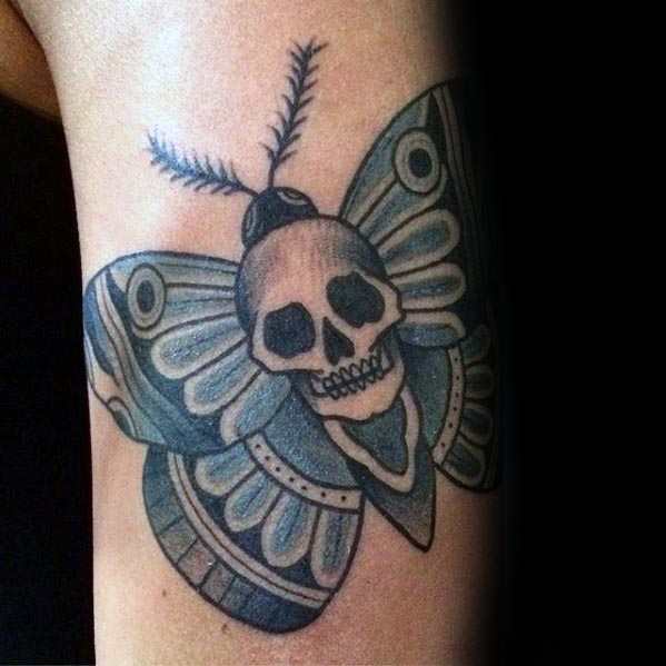 Shaded Blue Skull Moth Mens Traditional Arm Tattoo