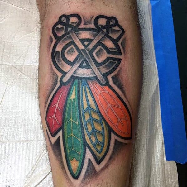 Shaded Chicago Blackhawks Logo With Colorful Feathers Mens Leg Calf Tattoo Designs
