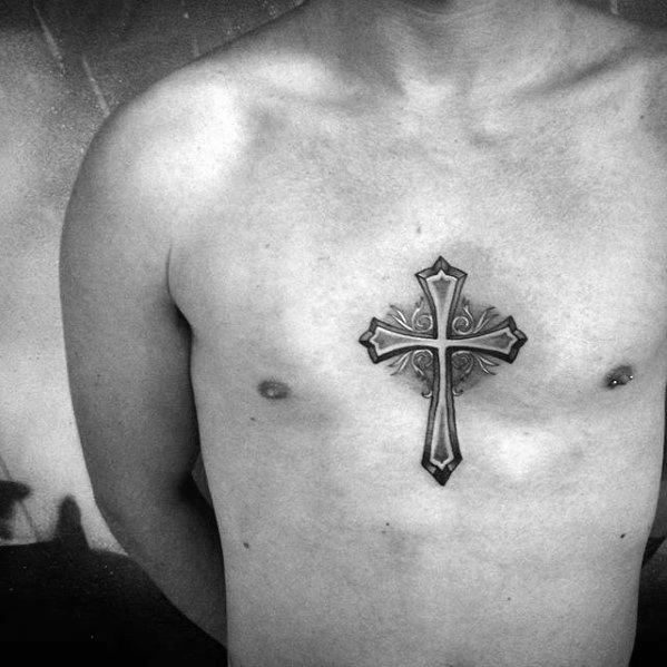 Shaded Cross Simple Christian Mens Middle Of Chest Tattoo