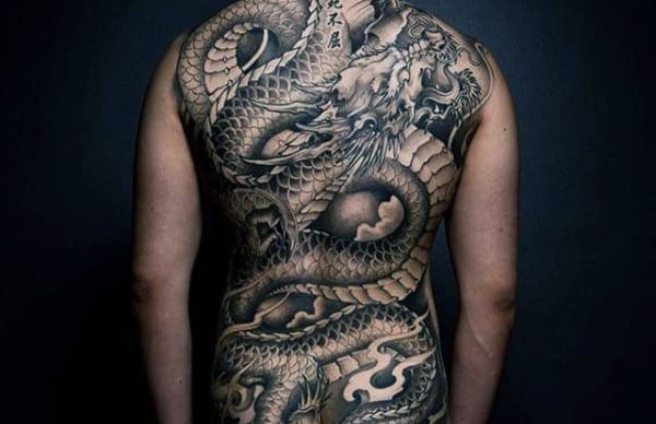 Shaded Dark Black Dragon Tattoo On Back For Males