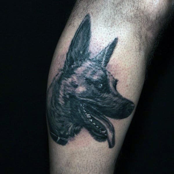 Shaded Dark Grey German Shepherd Guys Leg Calf Dog Tattoos
