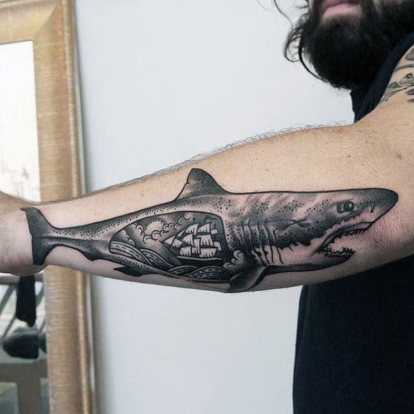 Shaded Detailed Shark And Sailing Ship Traditional Tattoo Ideas For Men On Outer Forearm