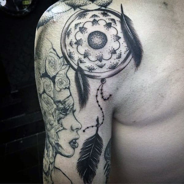 Shaded Dotwork Dreamcatcher Shoulder Mens Tattoos