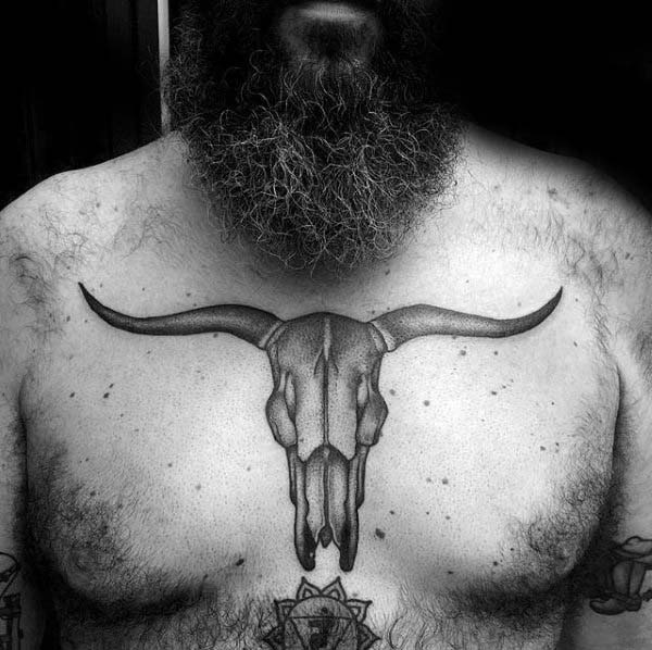 Shaded Dotwork Male Bull Skull Upper Chest Tattoos